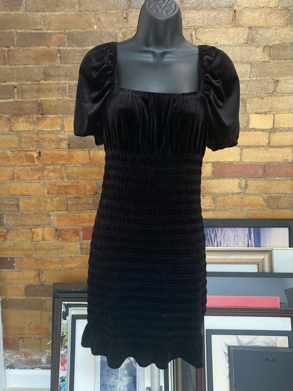 H&M Black Velvet Puff-Sleeve Smocked Dress